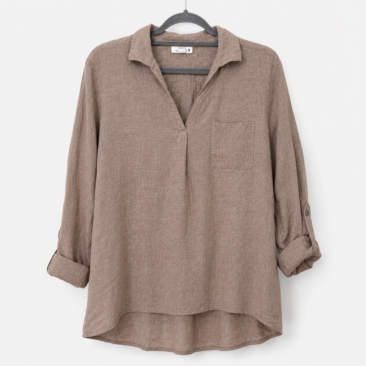 J Jill Womens Medium Love Linen Tunic Top Brown V-Neck Roll Tab Sleeve Neutral