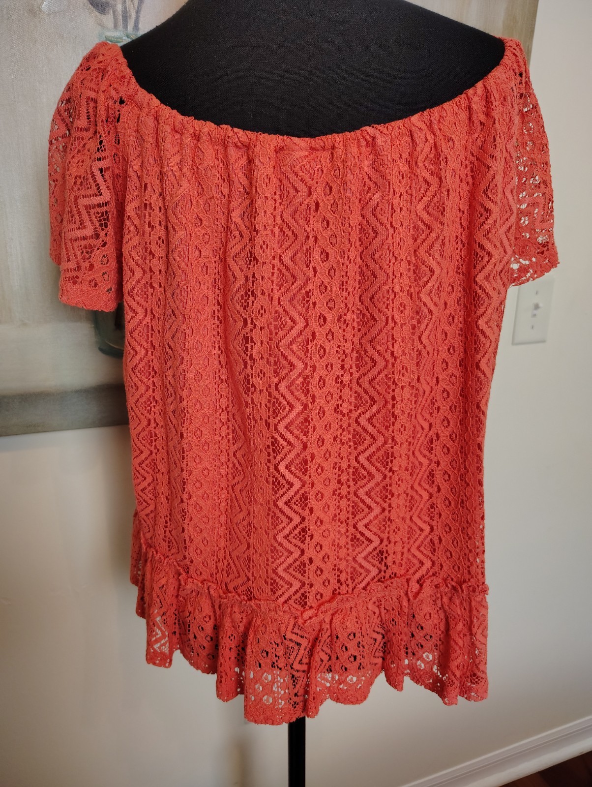 BELLE DU JOUR PEASANT OFF SHOULDER CORAL TOP SHORT SLEEVE LACE LAYERED SZ XL