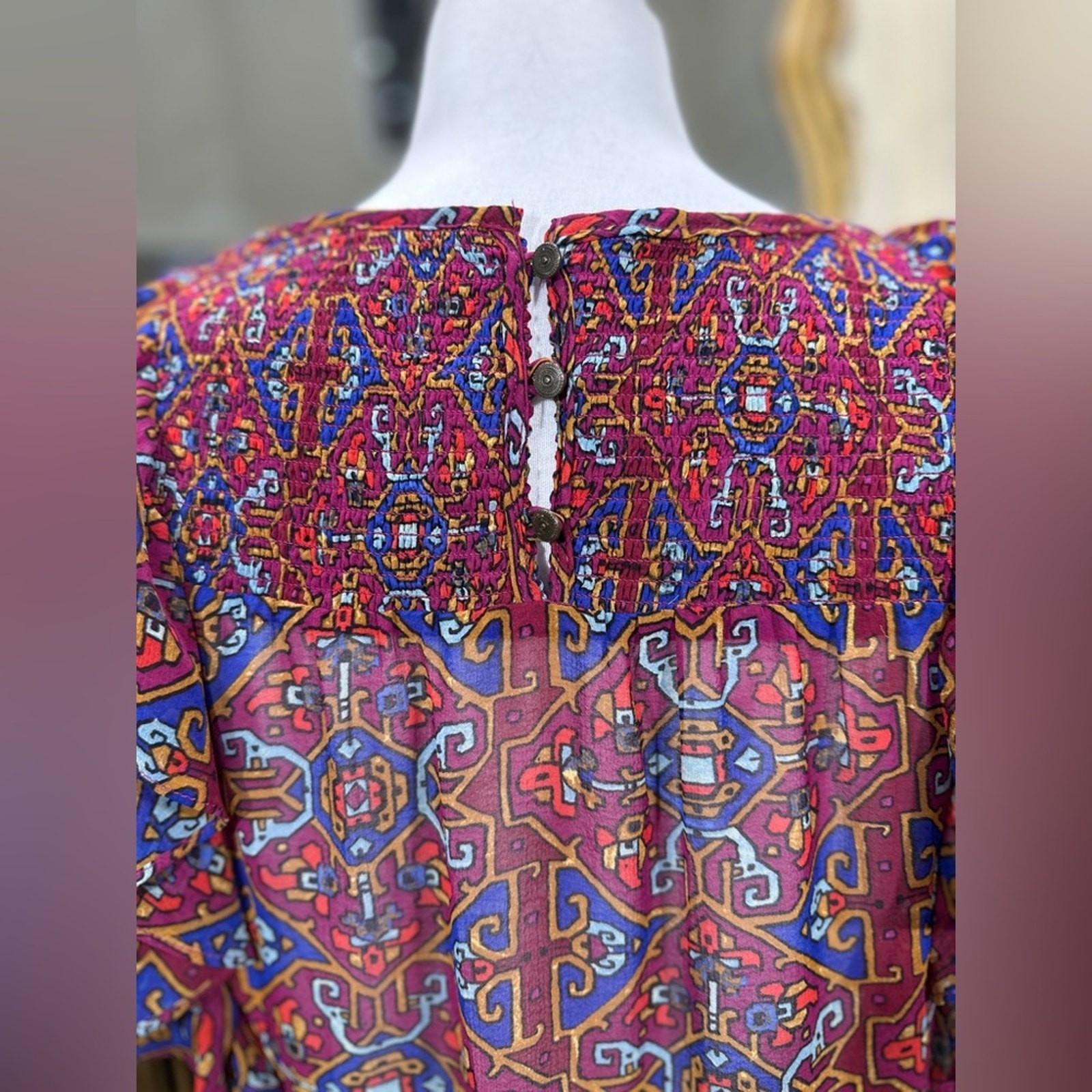 Anthropologie Meadow Rue Ruffle Sleeve Sheer Top Boho Geometric Print Women’s 4
