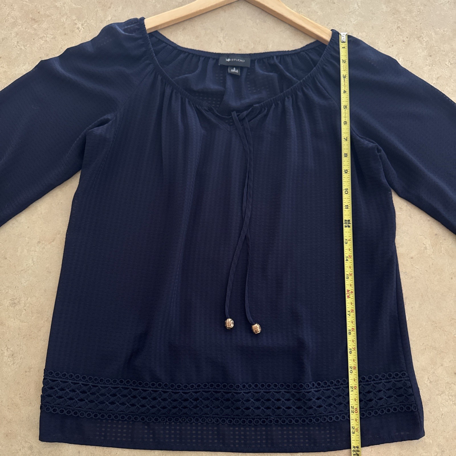 AB Studio Women’s Size Small Sheer Navy Blue Blouse 3/4 Sleeves Bead Accent