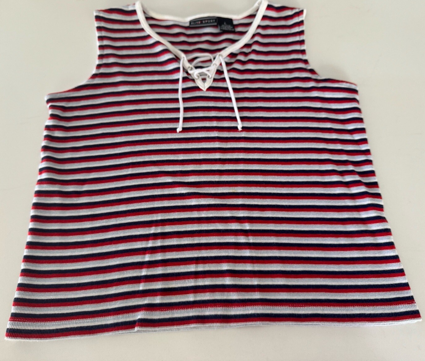 Elite Sport Pullover Lace-up Neck Striped Knit Sleeveless top blue red white L