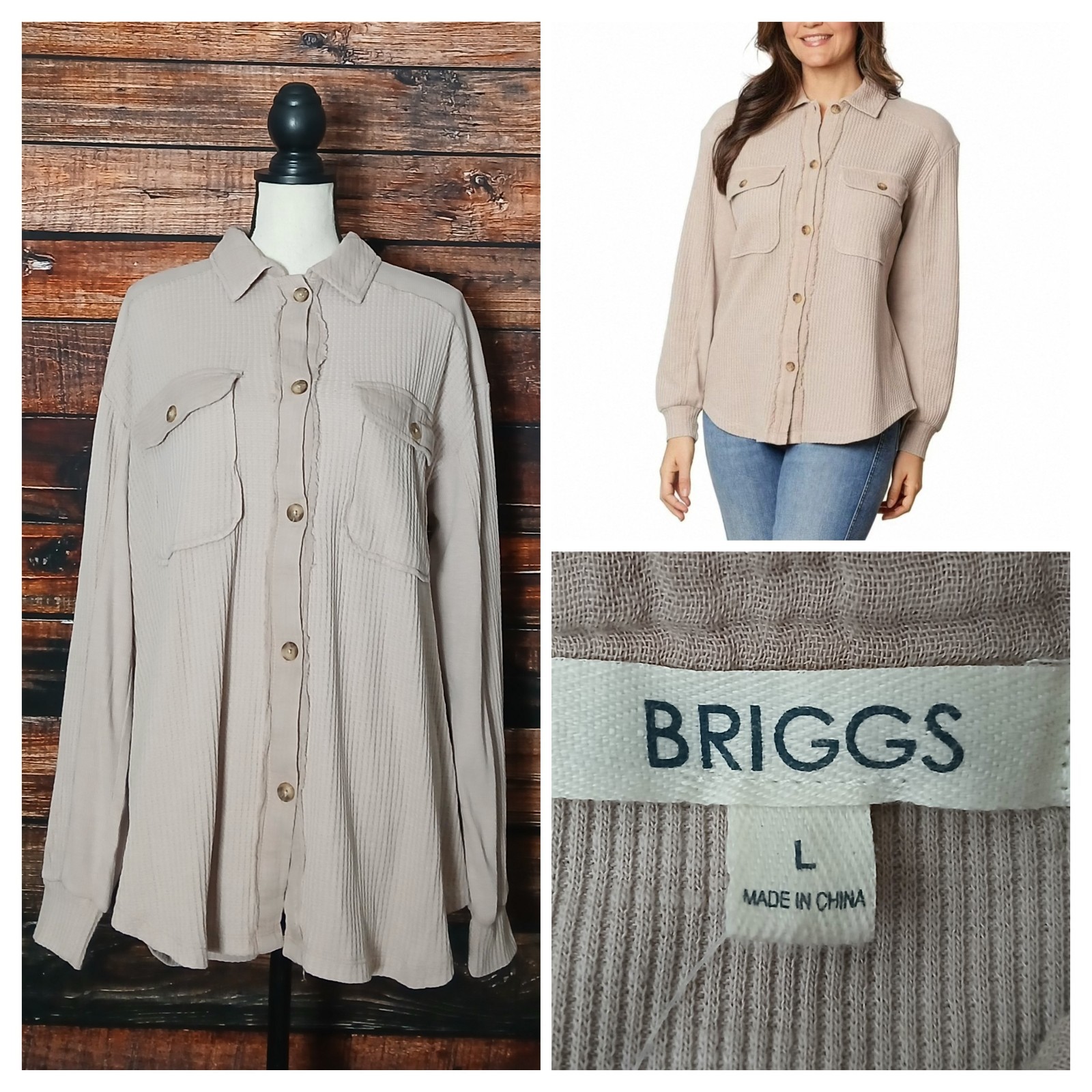 Briggs Top Size L Tan Waffle Knit Button Front Shirt Relaxed Fit NWT
