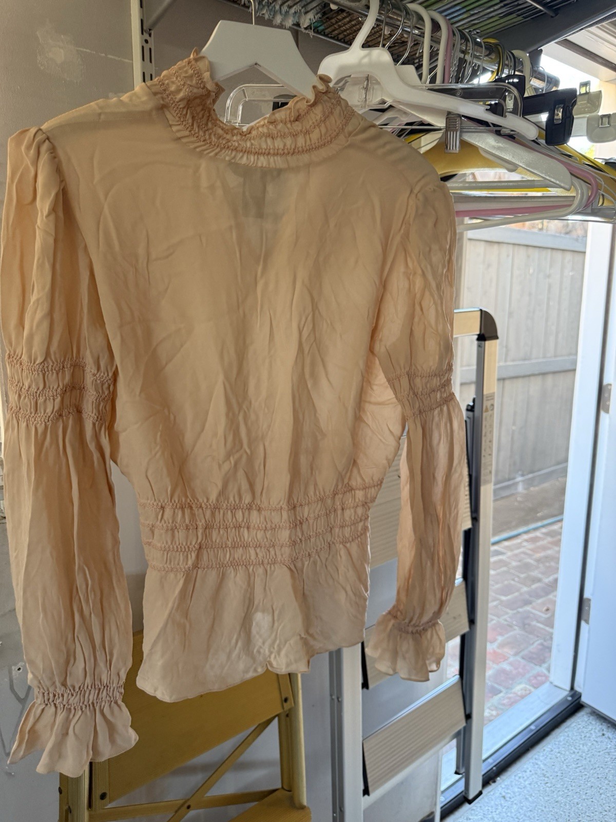 Moda International 100% Silk Smocked Blouse Peach Long Sleeve Boho Top Size S