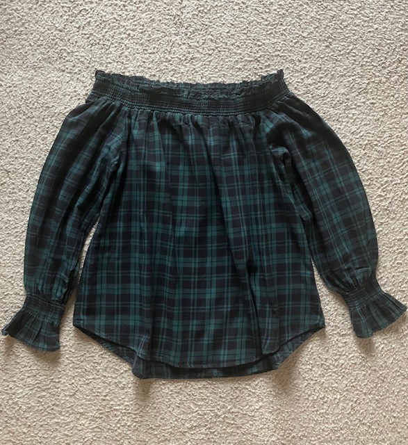 Beach Lunch Love Green Black Plaid Off Shoulder Top M
