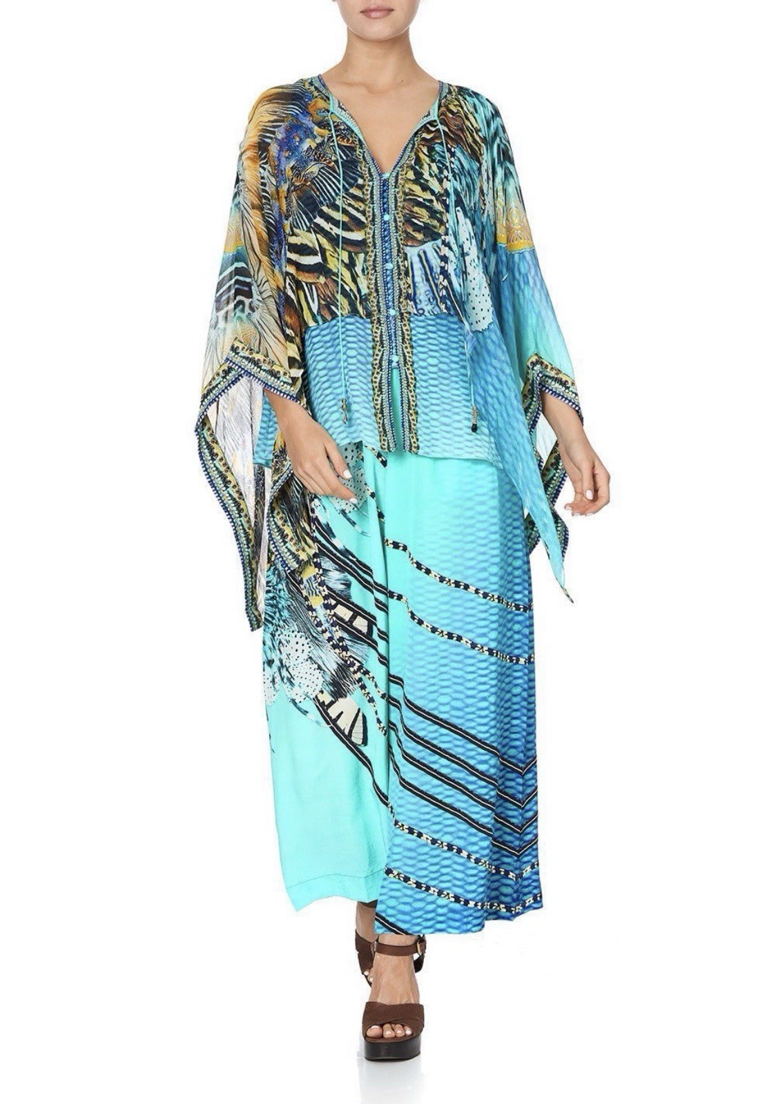 Camilla Sheer Layered Top Blouse Marine Queen Size L/X Silk Green Aqua Boho $549