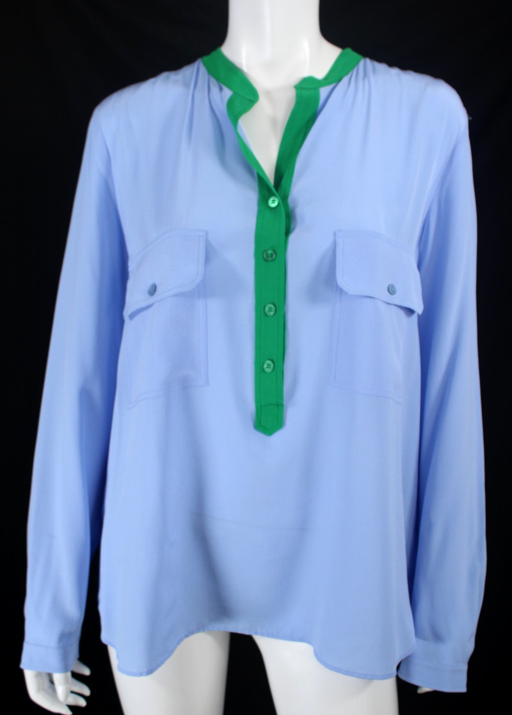 STELLA McCARTNEY Cornflower Blue & Green Silk Crepe Button-Front Blouse 46