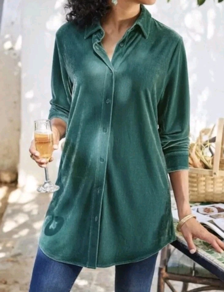 SOFT SURROUNDINGS Womens Small Green Velvet Boyfriend Tunic Shirt Button Up Top