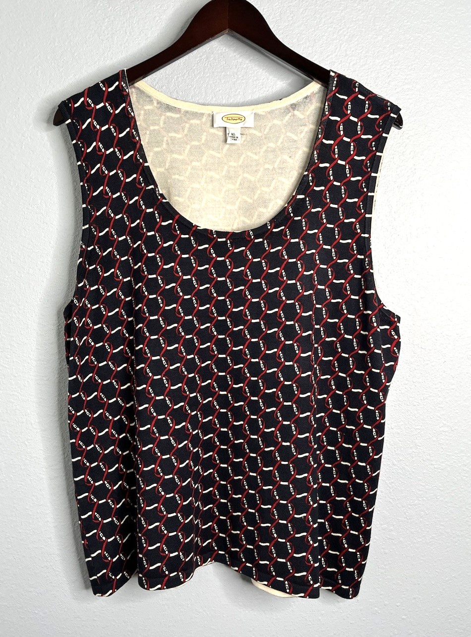 Talbots Knit Tank Top Womens XL Navy Red White Sleeveless Scoop Neck