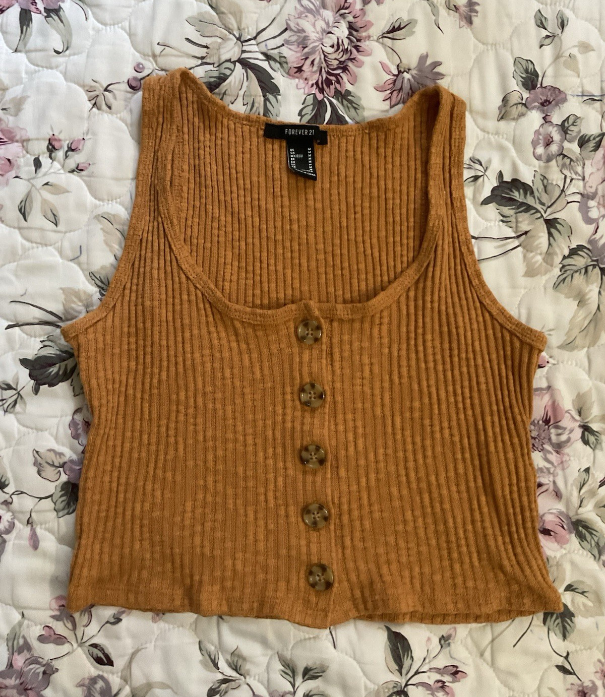 Forever 21 Brown Solid Ribbed Knit Scoop Neck Button Front Tank Top, M