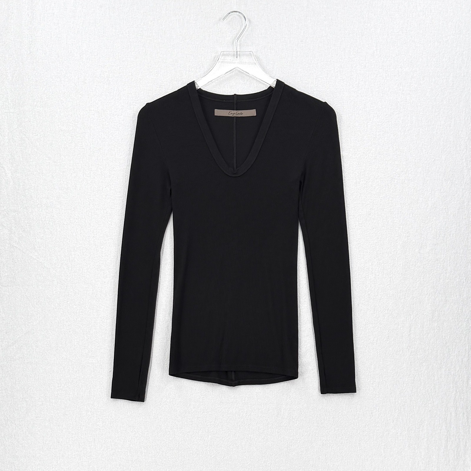 ENZA COSTA Silk Rib Long Sleeve U Top Womens Small Black Neck Quiet Luxury NEW