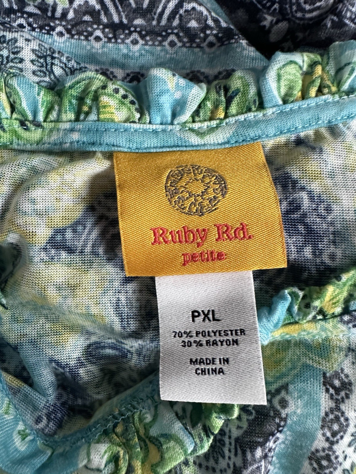 Ruby Rd Top Shirt Blouse Women PXL Petite 3/4 Bell Sleeve Embroidered Green Blue