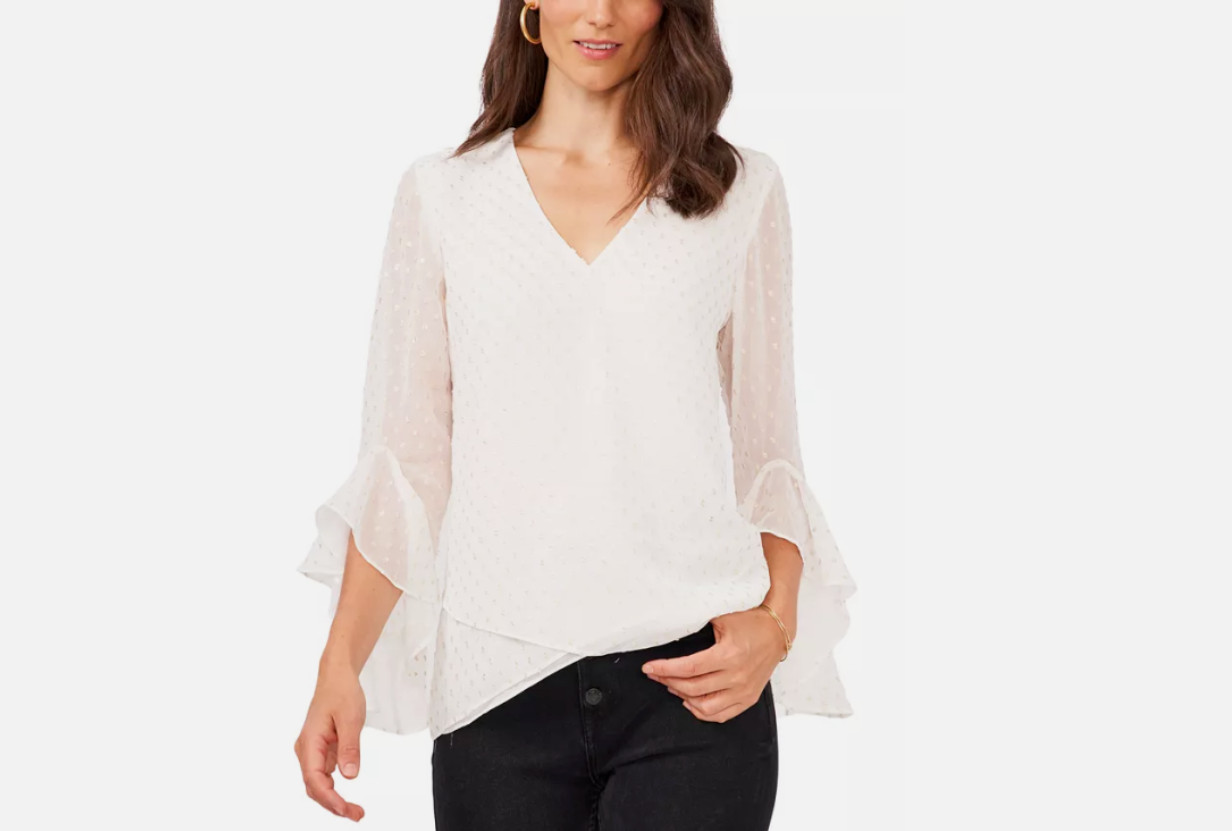 Vince Camuto Metallic Clip Dot Flutter Sleeve New Ivory Size S 400205