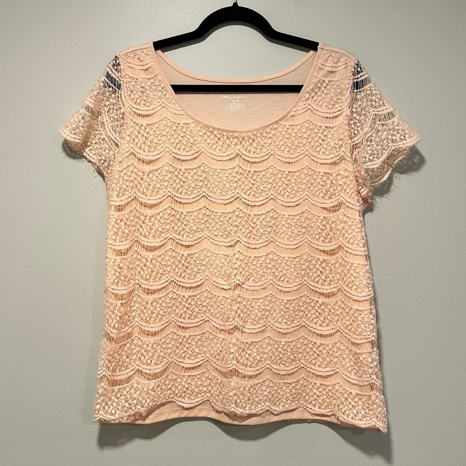 Lane Bryant Lace Blouse Women’s 14/16 Blush Pink Scallop Short Sleeve Top