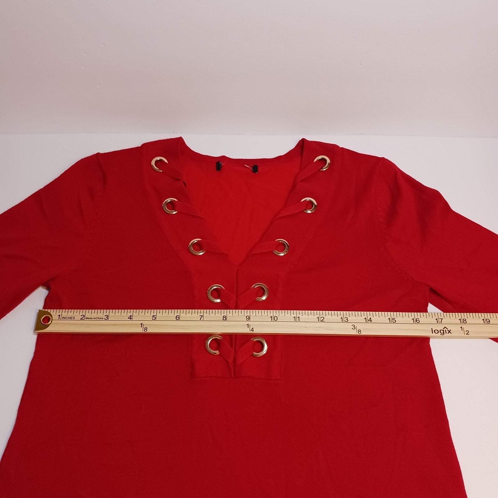 Knit Tunic Women’s Small 3/4 Sleeve Laced Grommets Red Rayon Blend NO TAGS