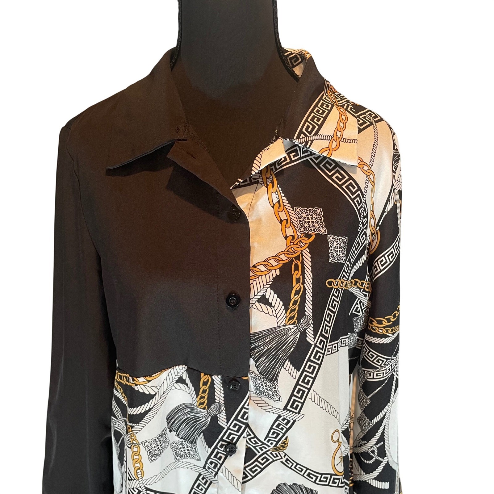Women Black White Gold Scarf Print Colorblock Button Down Blouse Top 90s Baroque