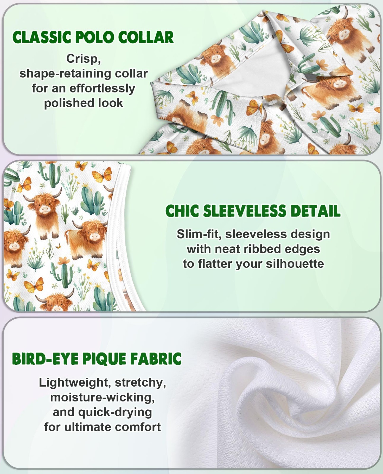 Women Sleeveless Polo Shirt Highland Cow Animal Western Graphic Top