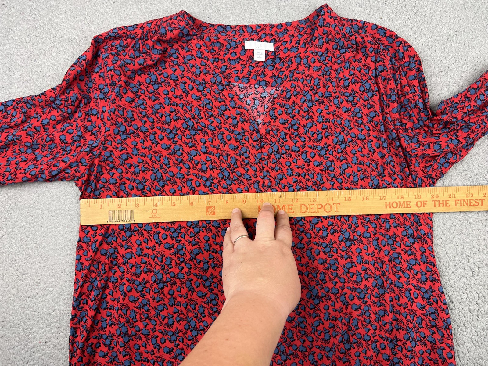 J. Jill Blouse Womens Large Petite Red Floral Button Front V Neck Long Sleeve