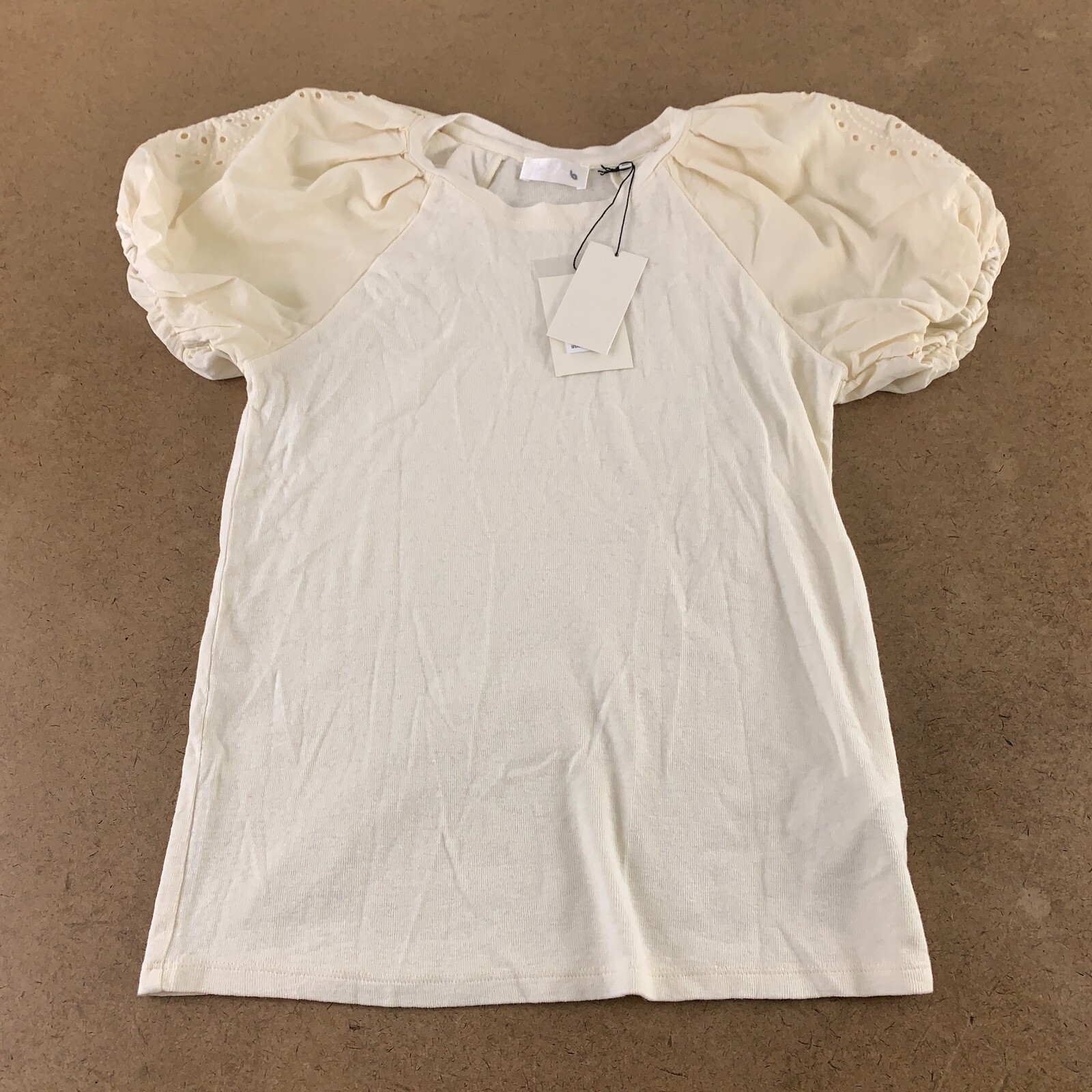 7 For All Mankind Women’s Size XS Ivory Linen Blend Eyelet Puff Sleeve Tee NWT