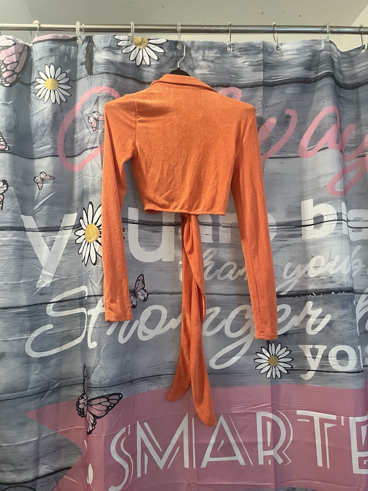 Fashion Nova Orange Wrap V-Neck Long Sleeve Tie Waist Stretch Blouse S