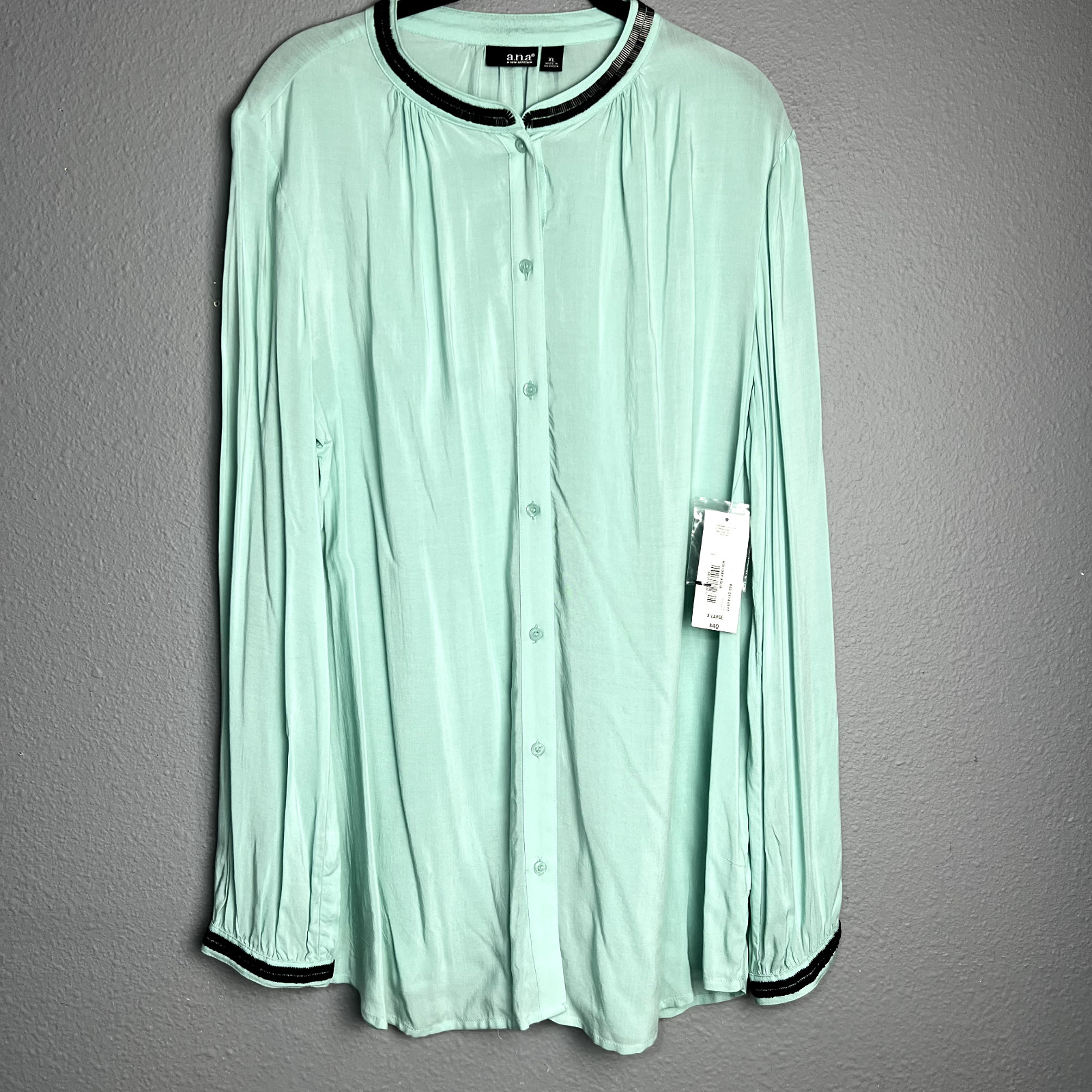 NWT a.n.a. Womens Size XL Holiday Aqua Blouse Office Wear Satin Beaded Accents