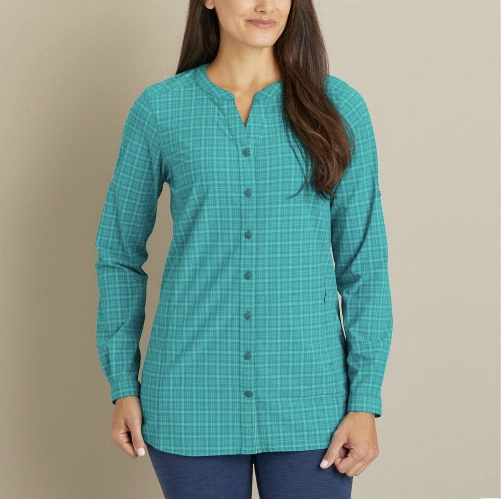 Duluth Trading Sidewinder Tunic Womens Medium Blue Plaid DuluthFlex UPF 30 Top