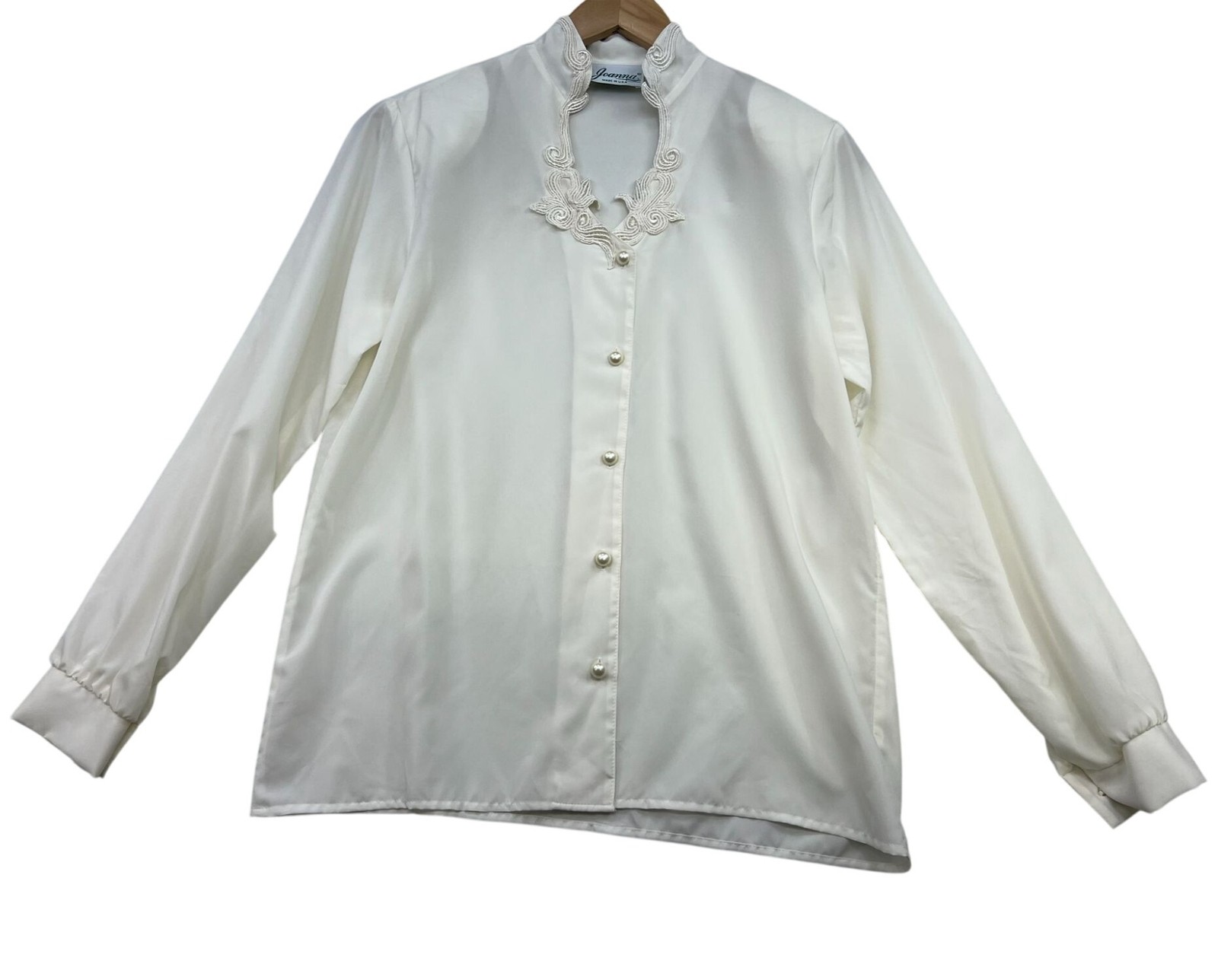 Vintage Joanna Womens Semi-Sheer Pearl Front Blouse Size 8 Ivory Long Sleeve Top