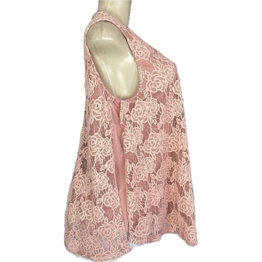 Brittany Black L Dusty Rose Floral Lace Open Front Overlay Sleeveless Blouse