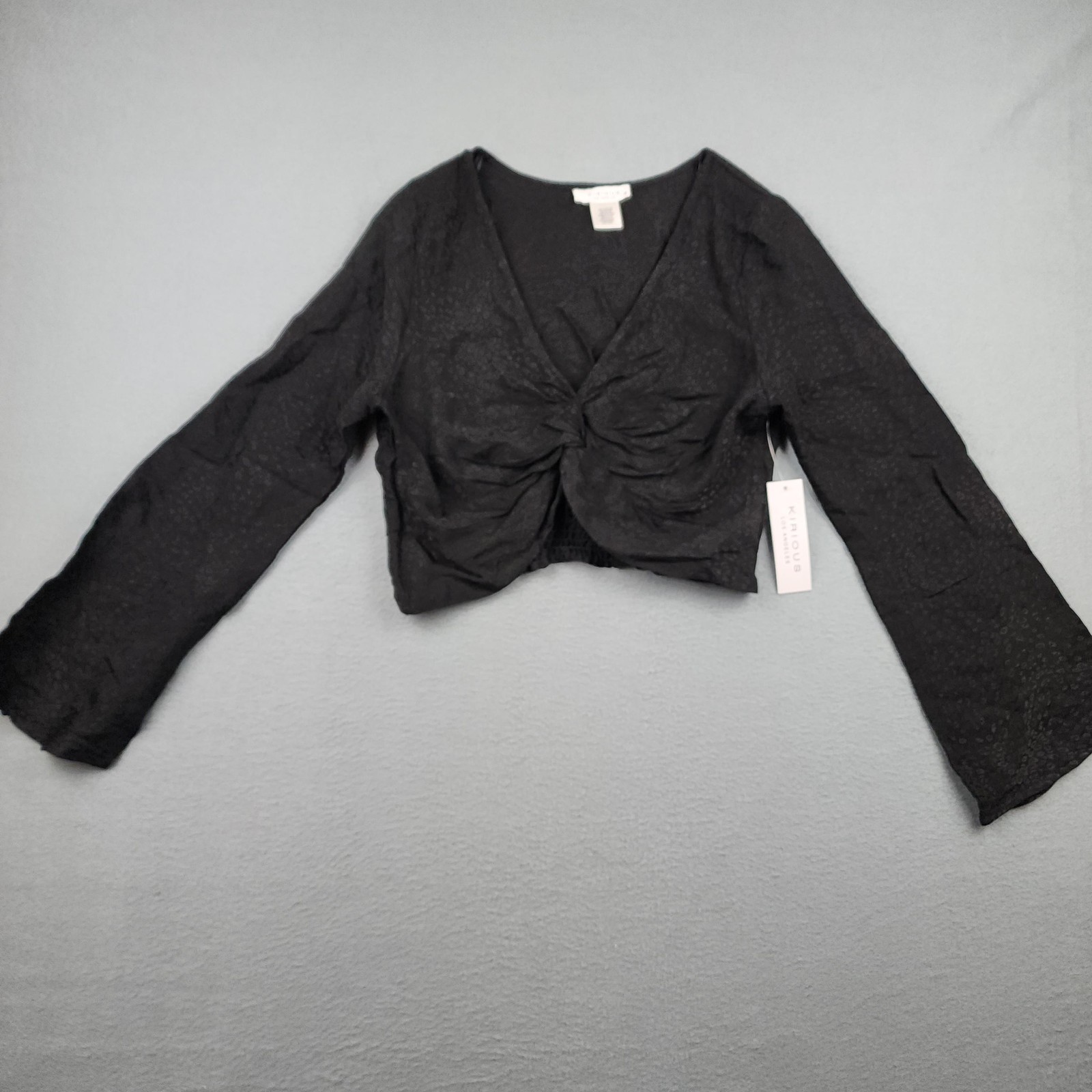 Kirious Blouse Womens M Black Jacquard V Neck Crop Bell Sleeve Dressy Top NWT