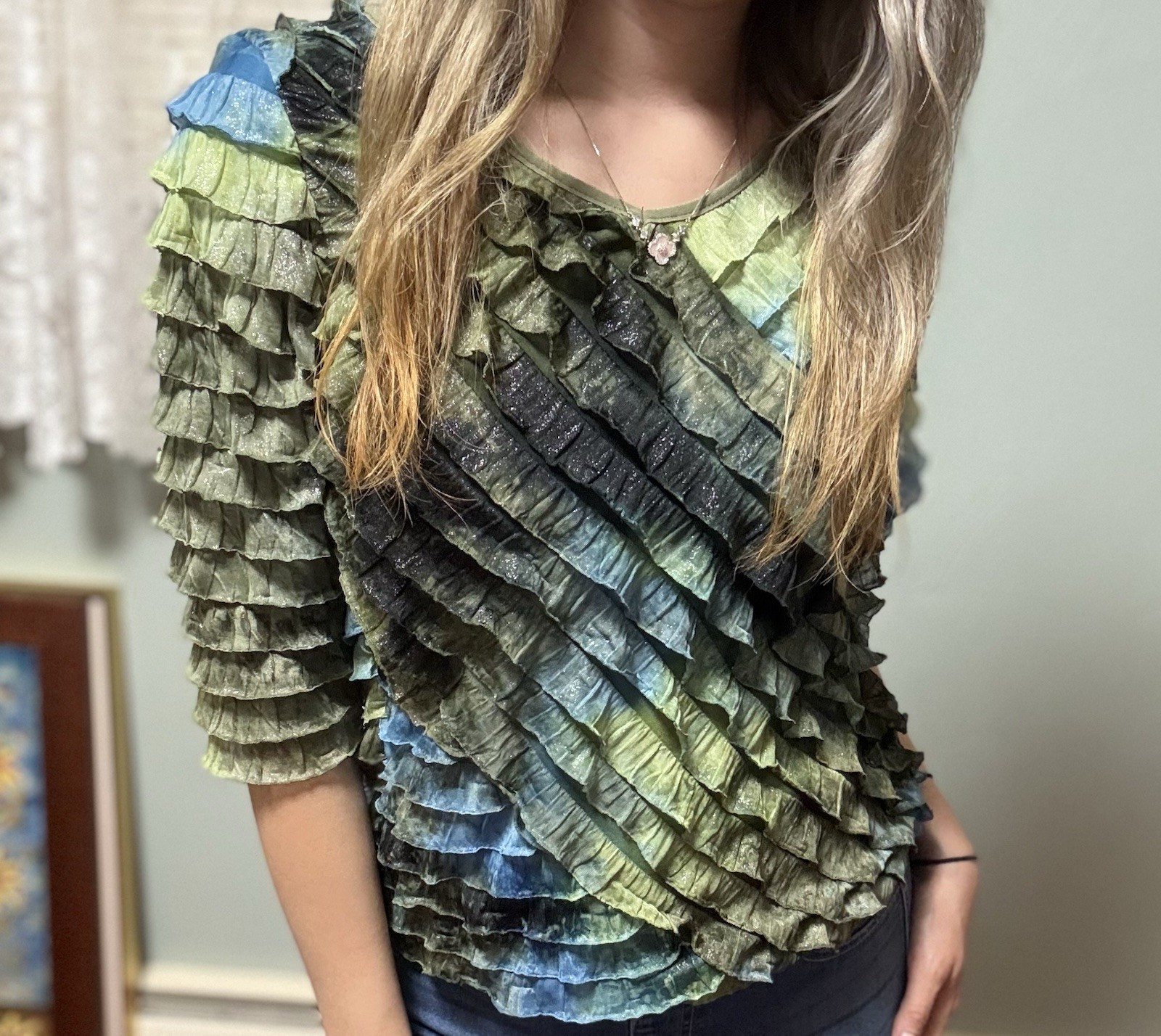 Notations Women’s M Green Blue Abstract Ruffle V-Neck 3/4 Sleeve Blouse