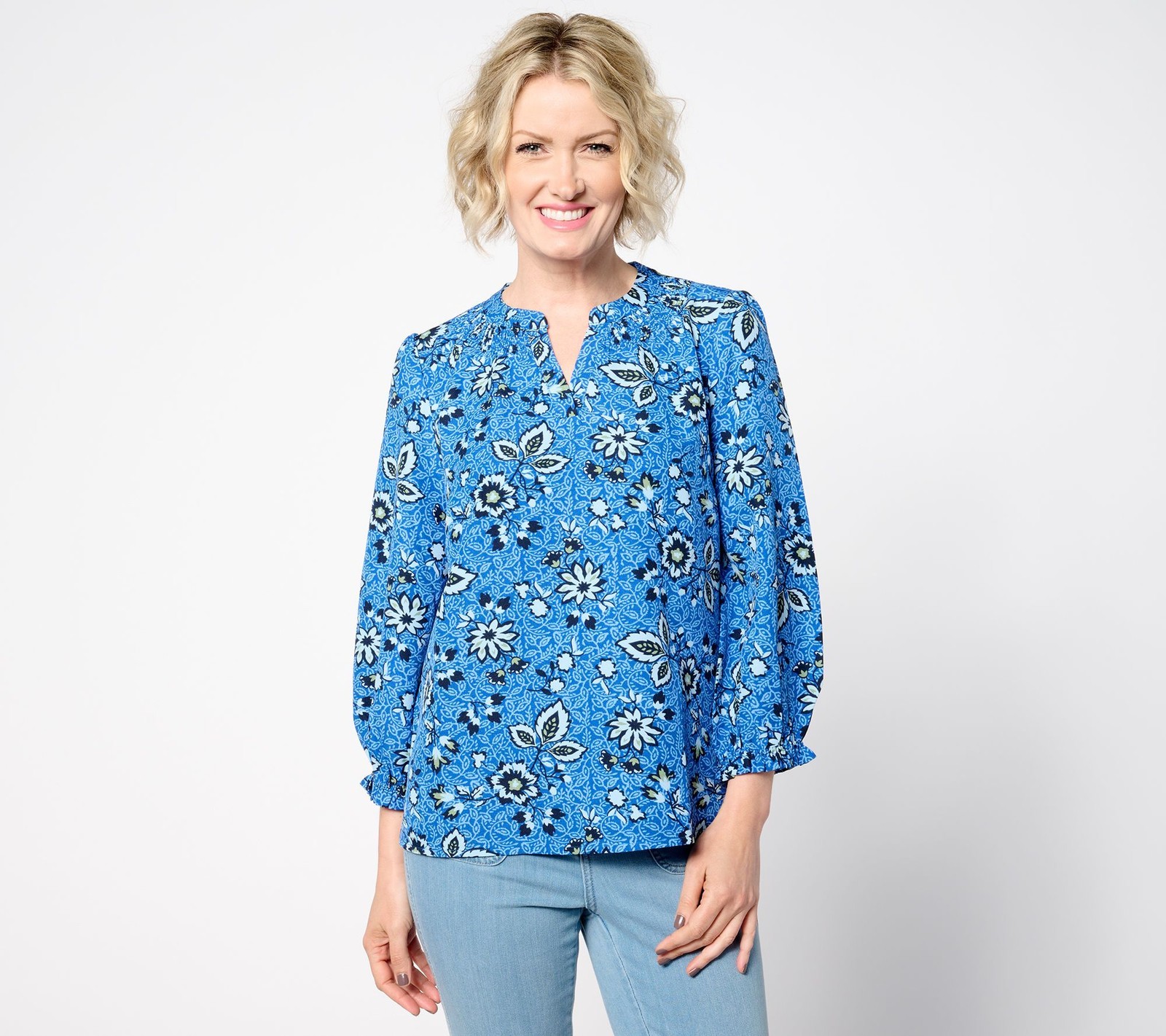 Gloria Vanderbilt Women’s Top Sz M Denim & Co. Printed Balloon Blue A652648