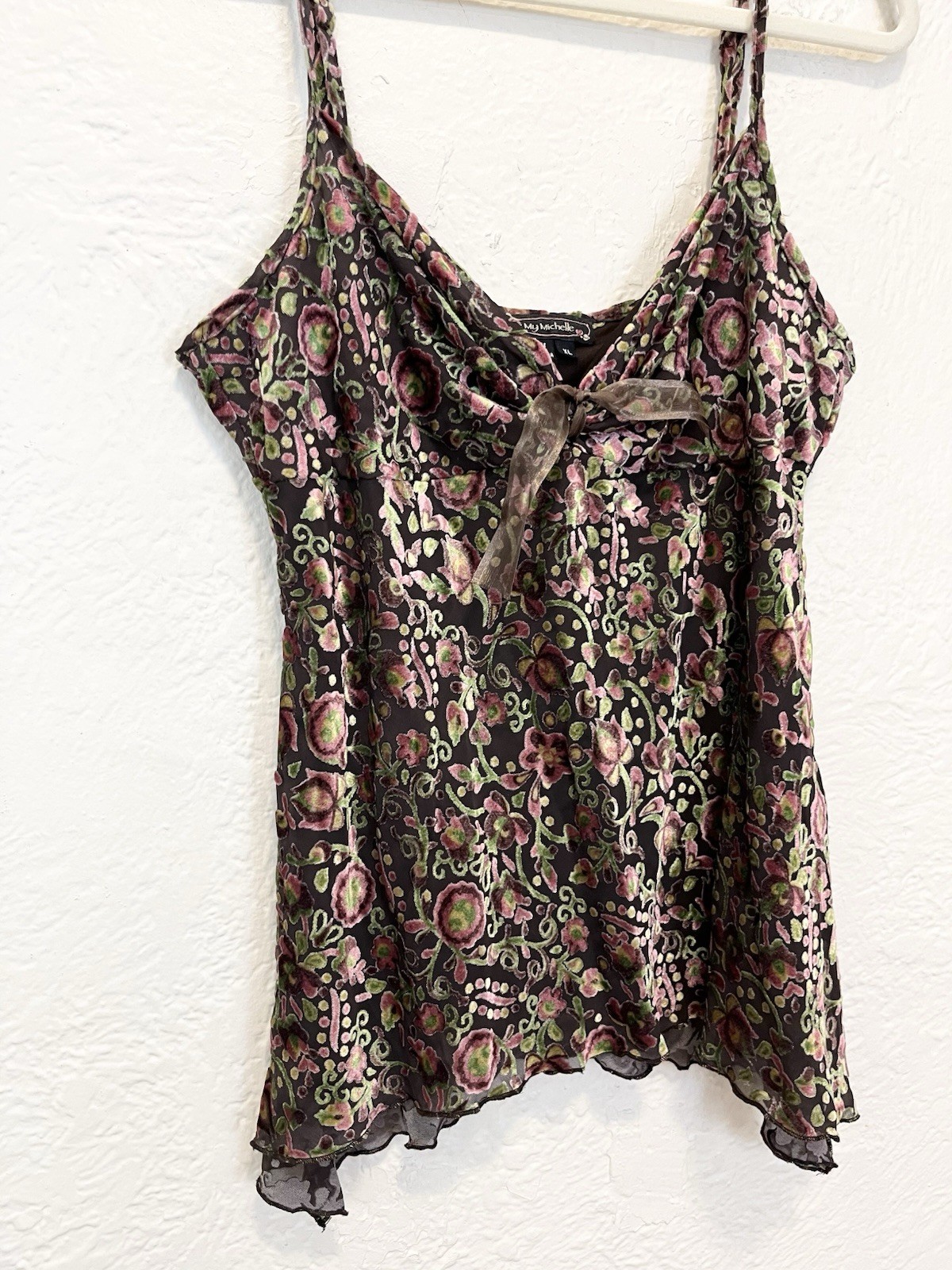 Vintage 90s y2k Floral Velvet Burnout Top Brown Green Babydoll M/L My Michelle