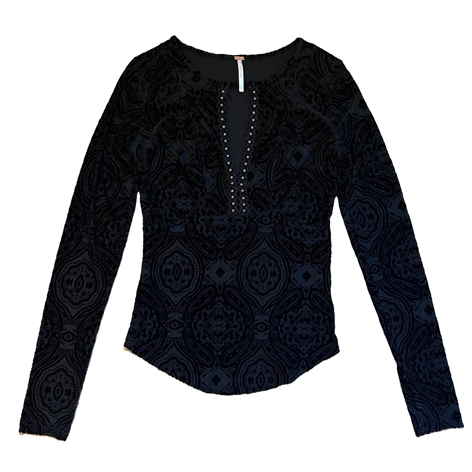 Free People Velvet City Limits Top XS Black Burnout Brocade Studded OB463545