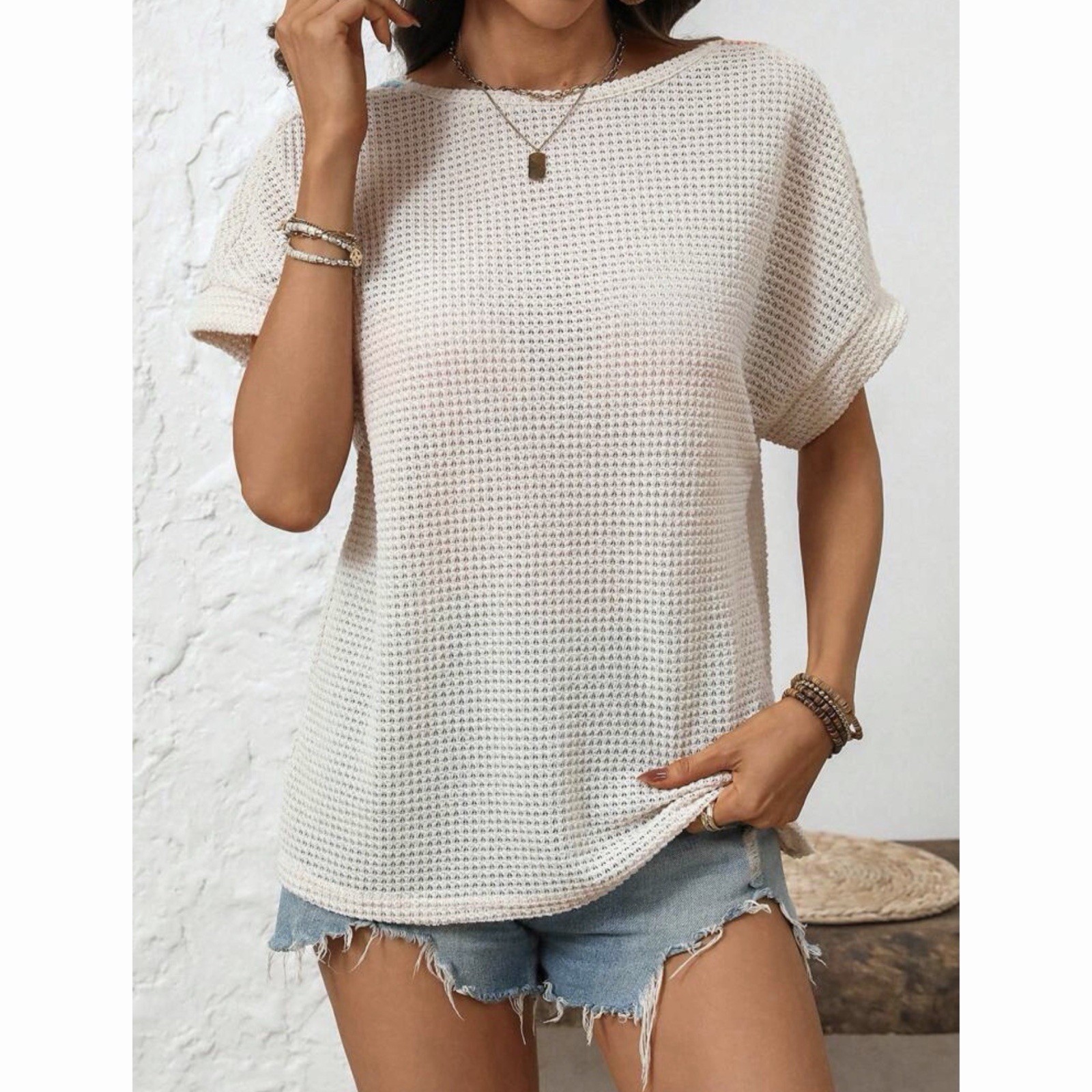 SHEIN Tan Colorful Loose Crochet Criss Cross Top Small