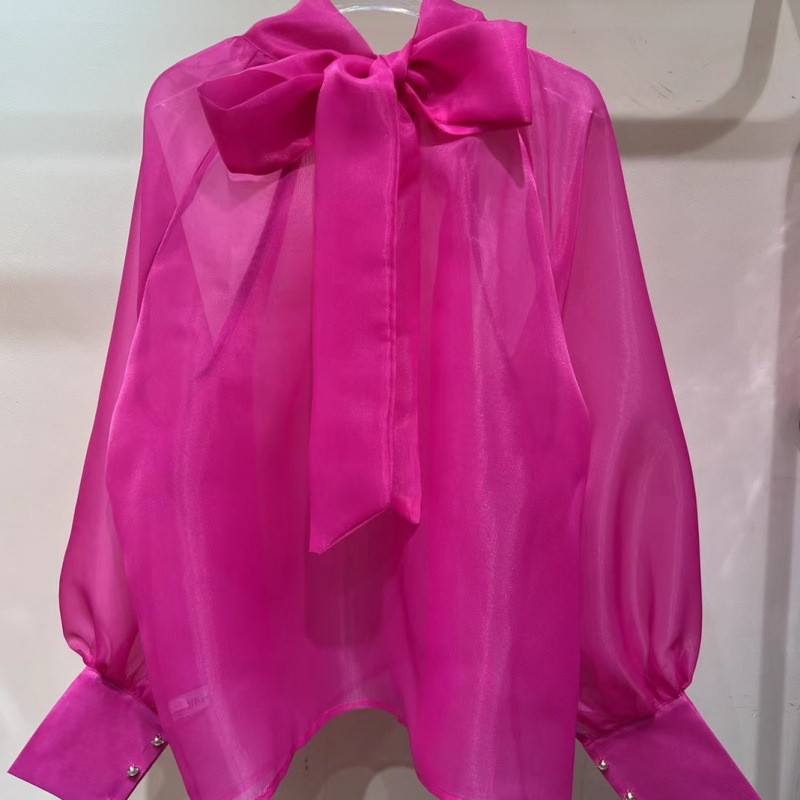 Women’s Puff Sleeves High Neck Bow Shirt Blouse Pullover See-through Tops Party