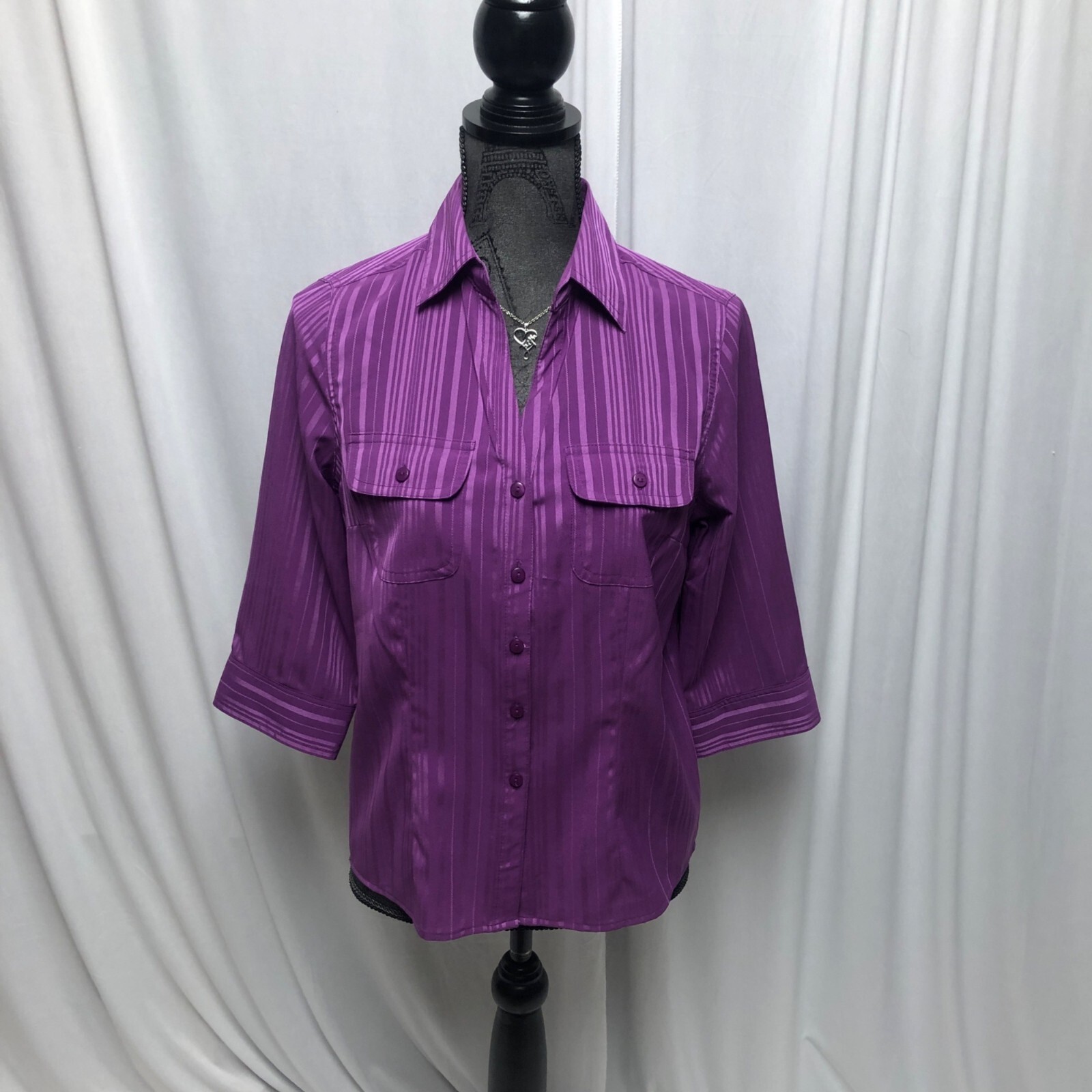 Joanna Blouse Womens Size Small Petite Purple Stripe Button Front Top Vintage