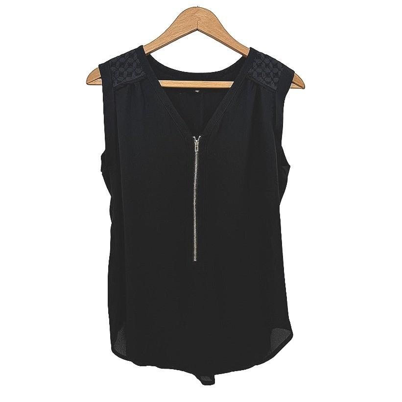Fate Sleeveless Blouse Quarter Zip Embellished Shoulder Edgy Black Size MD