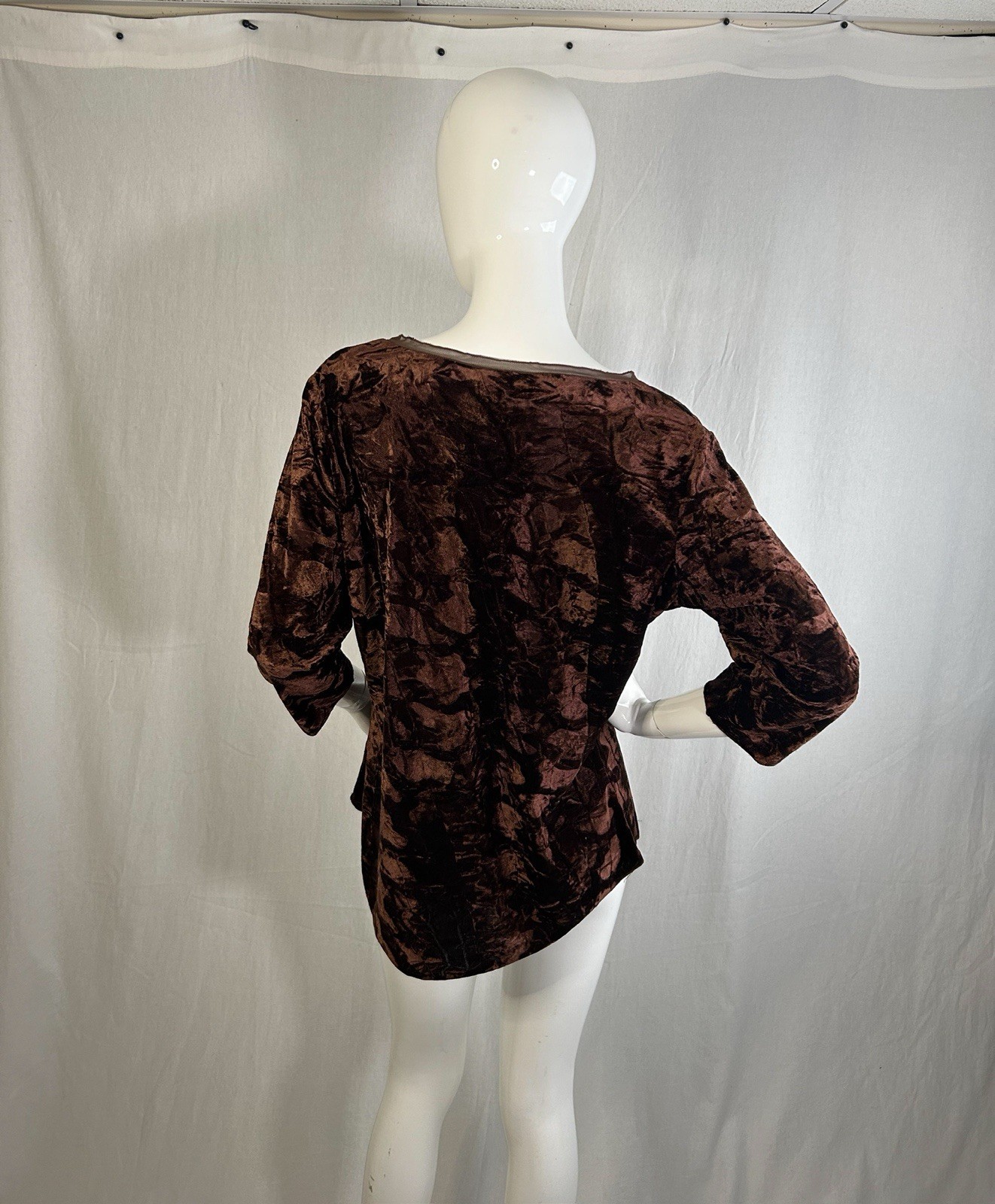 VTG Mob Wife 90s Velour Ruched Mesh Top XL Crushed Velvet Cinched Ruffled Gothic