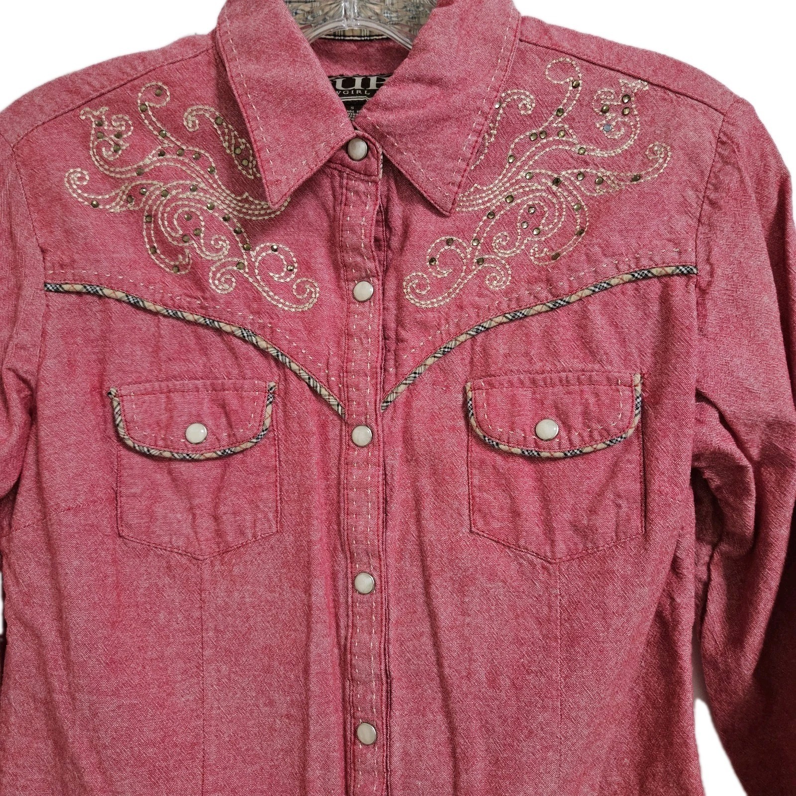Cowgirl Up Shirt Womens Small Red Western Embroidered Pearl Snap Cotton Retro