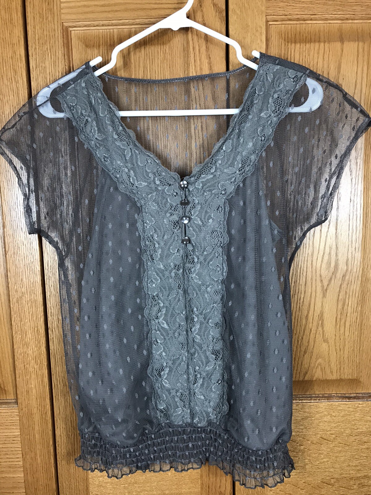 Maurices Gray Lace Sheer Layer Top Shirt Blouse Banded Bottom Size Small