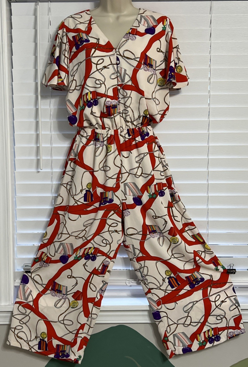 Vibrant Jumpsuit Classic Pattern Buttons Elastic Waist Flutter Sleeves Preloved