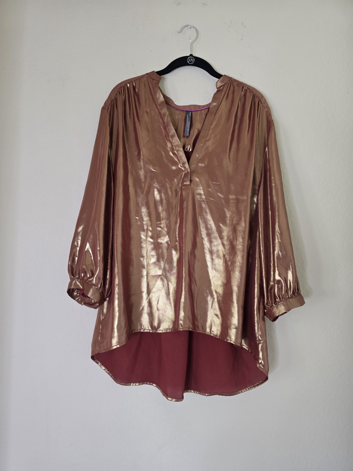 By Anthropologie Metallic Foil Bronze V-Neck Balloon Sleeve Blouse Copper XL