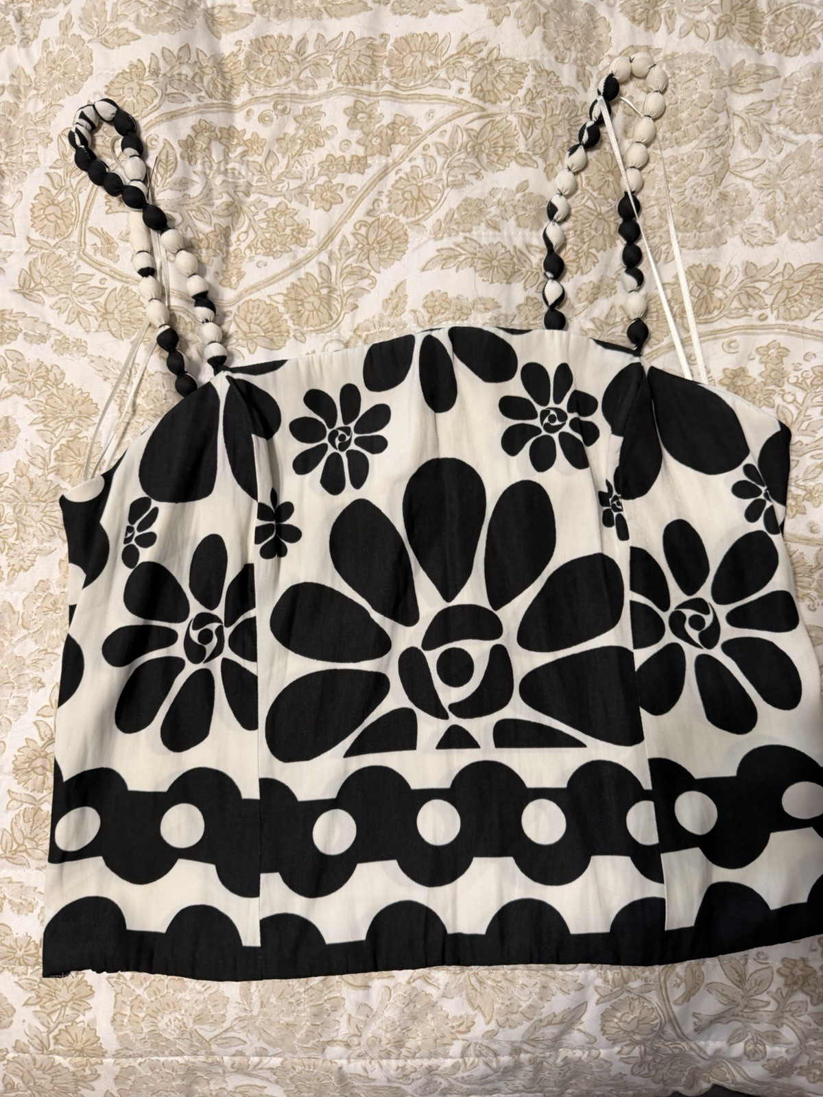 Rose + Olive Black/White Floral Smocked Beaded Strap Square set size L