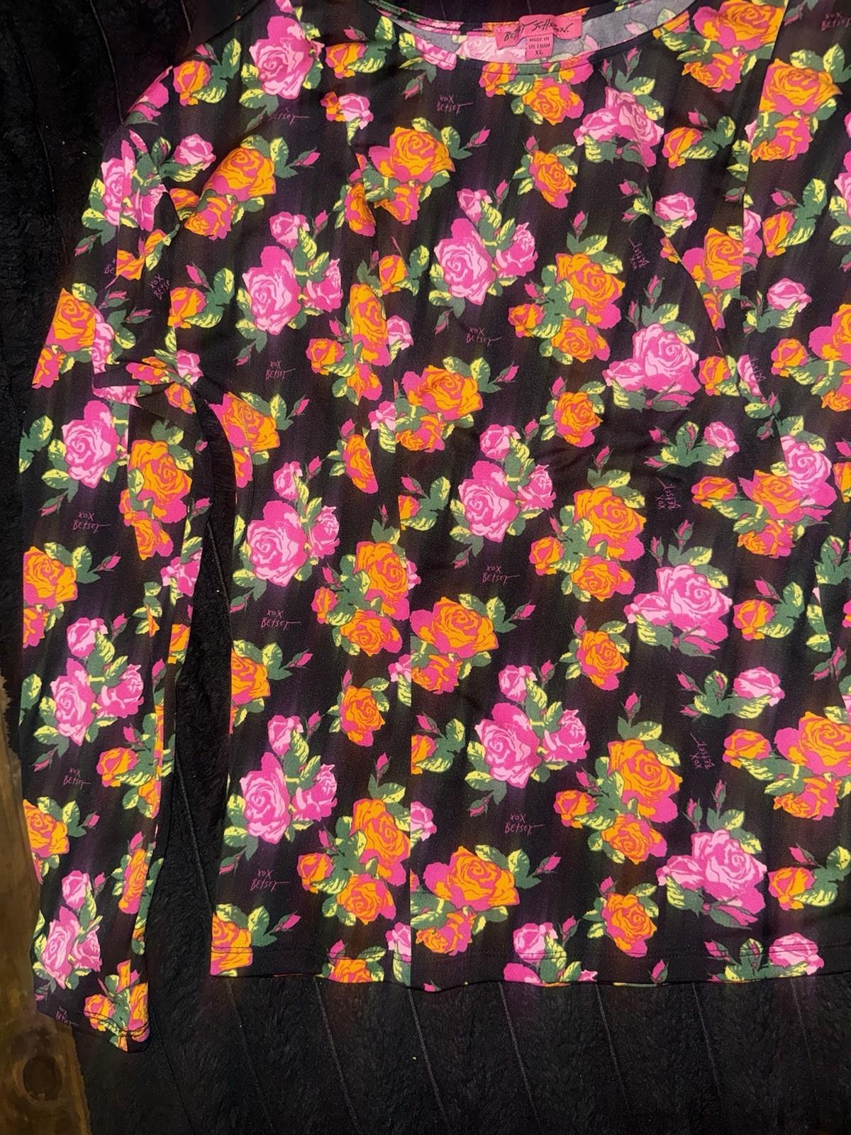 Betsey Johnson Womens Black Floral Round Neck Pullover Blouse Long Sleeve