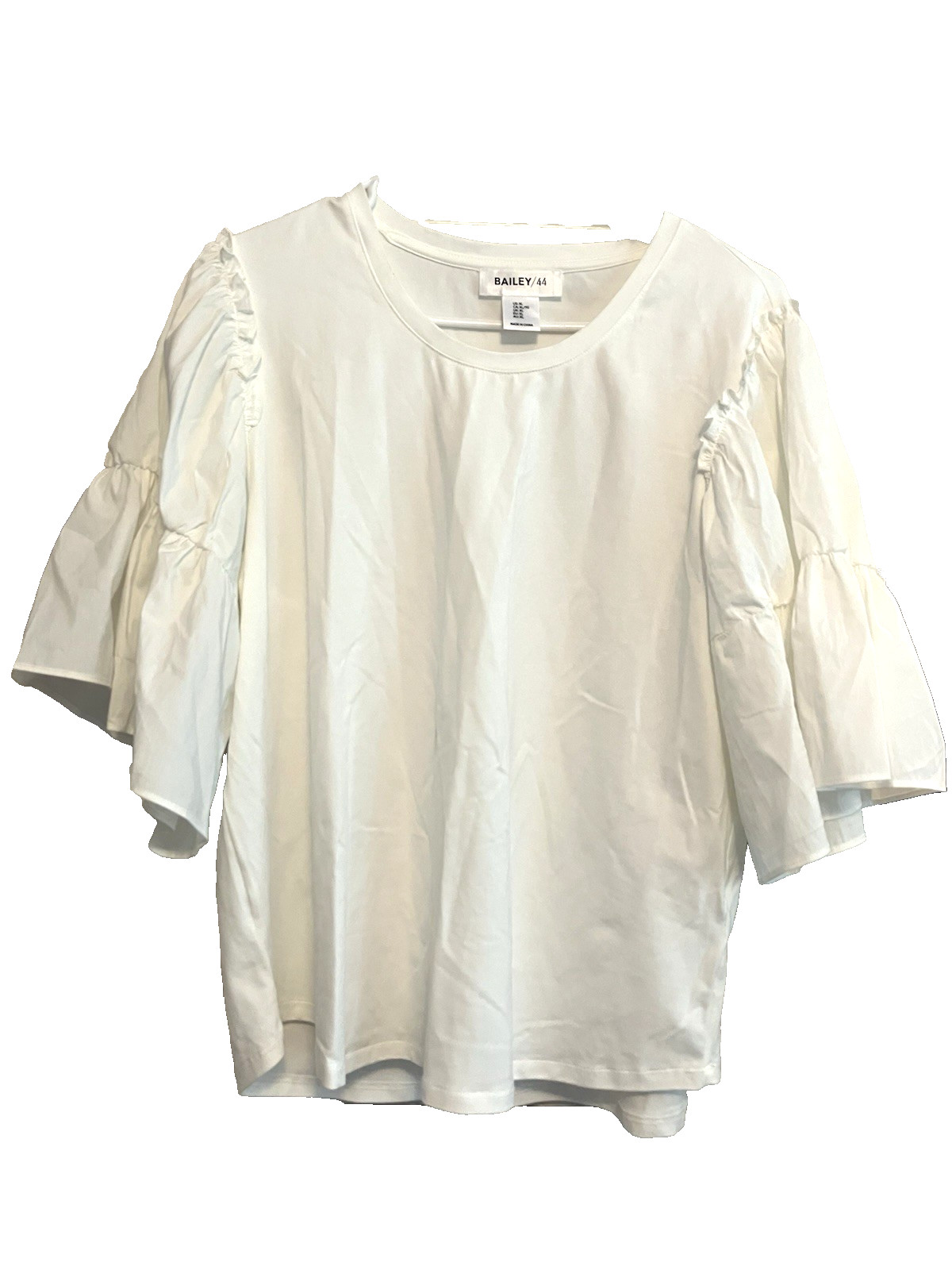 XL) NEW BAILEY 44 Crisp White Cotton Knit to Cotton Sheeting Flared Sleeves Top