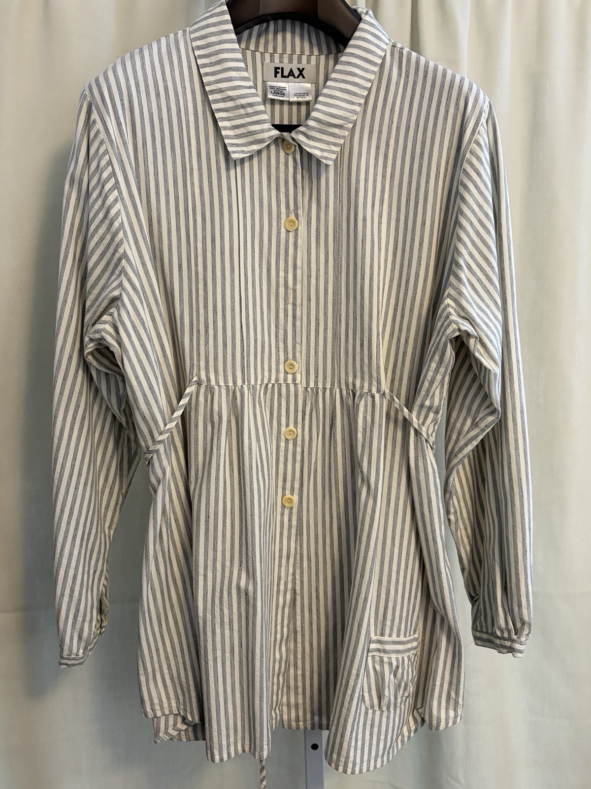 Flax 100 Percent Cotton Striped Gray White Tunic With Tie Back Sash Lagenlook