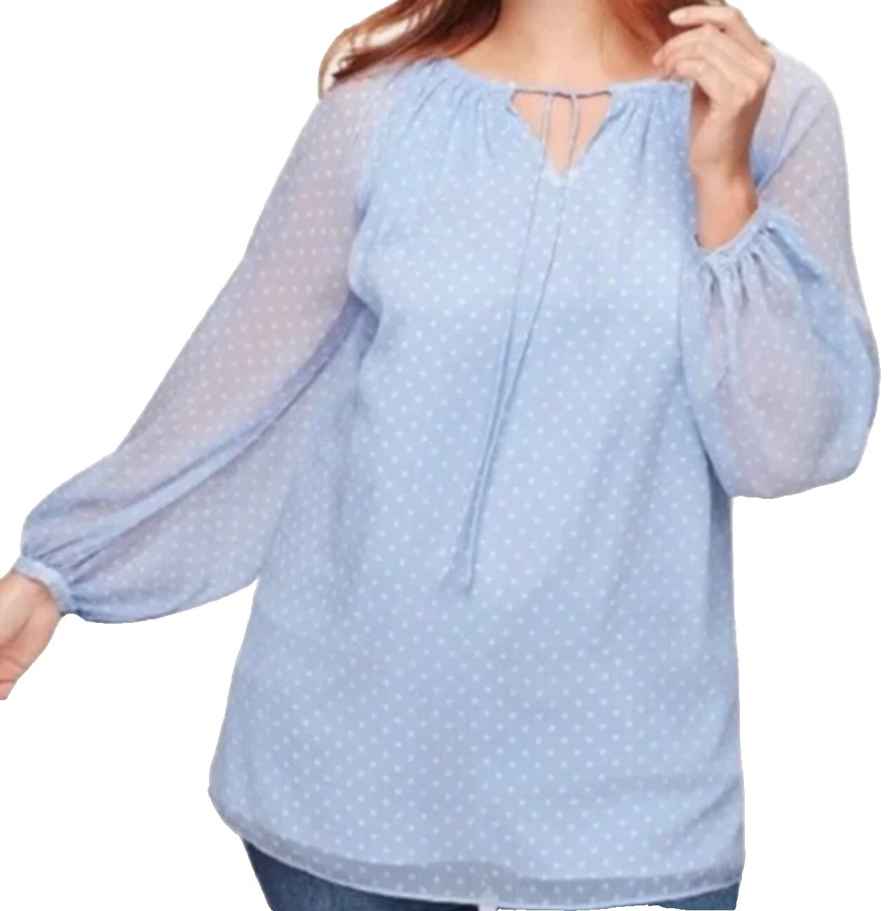 Talbots Small Petite Tie Neck Light Blue Poka Dot Long Sleeve Blouse Top Lined