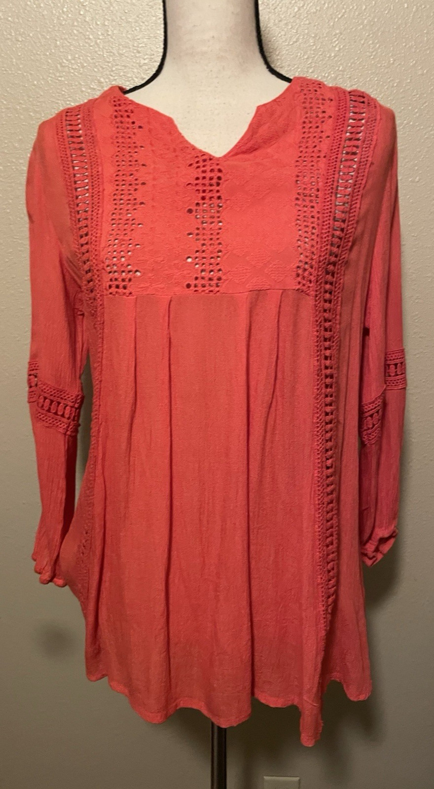 Cute Options Long Sleeve Blouse, NEW, Coral, Crochet Inserts, Size M