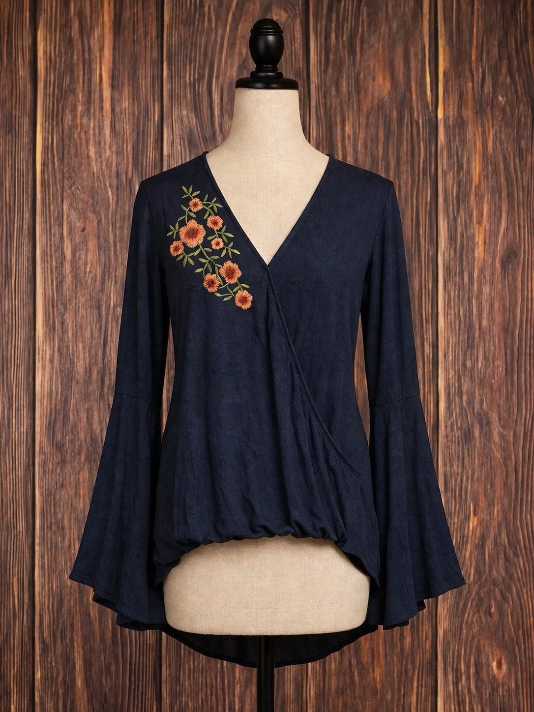 Francesca’s Alya Top Womens M Navy Blue Embroidered Bell Sleeve Wrap Blouse