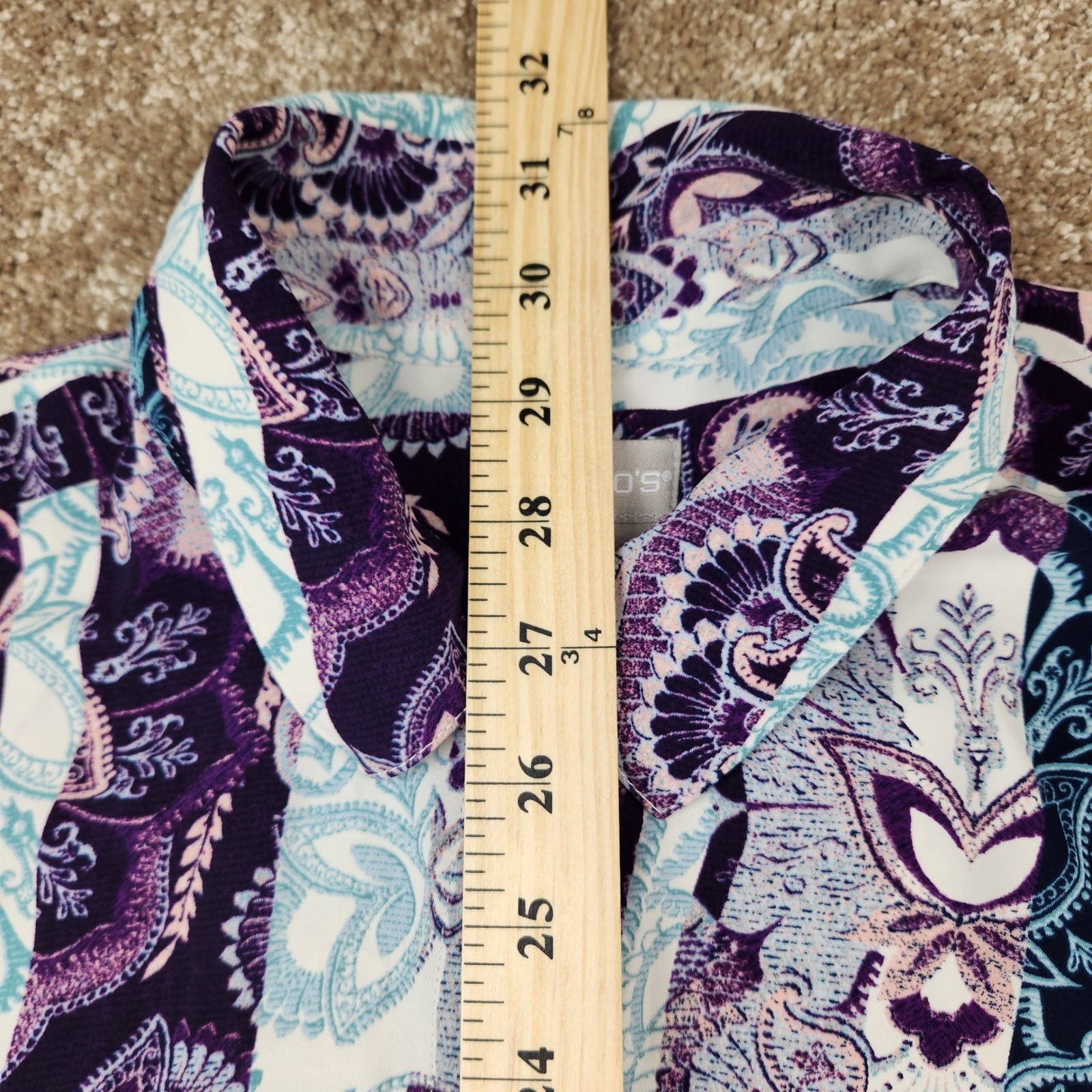 Chicos Purple Paisley Striped Button Down Tunic Blouse Womens Size 2 L 12-14