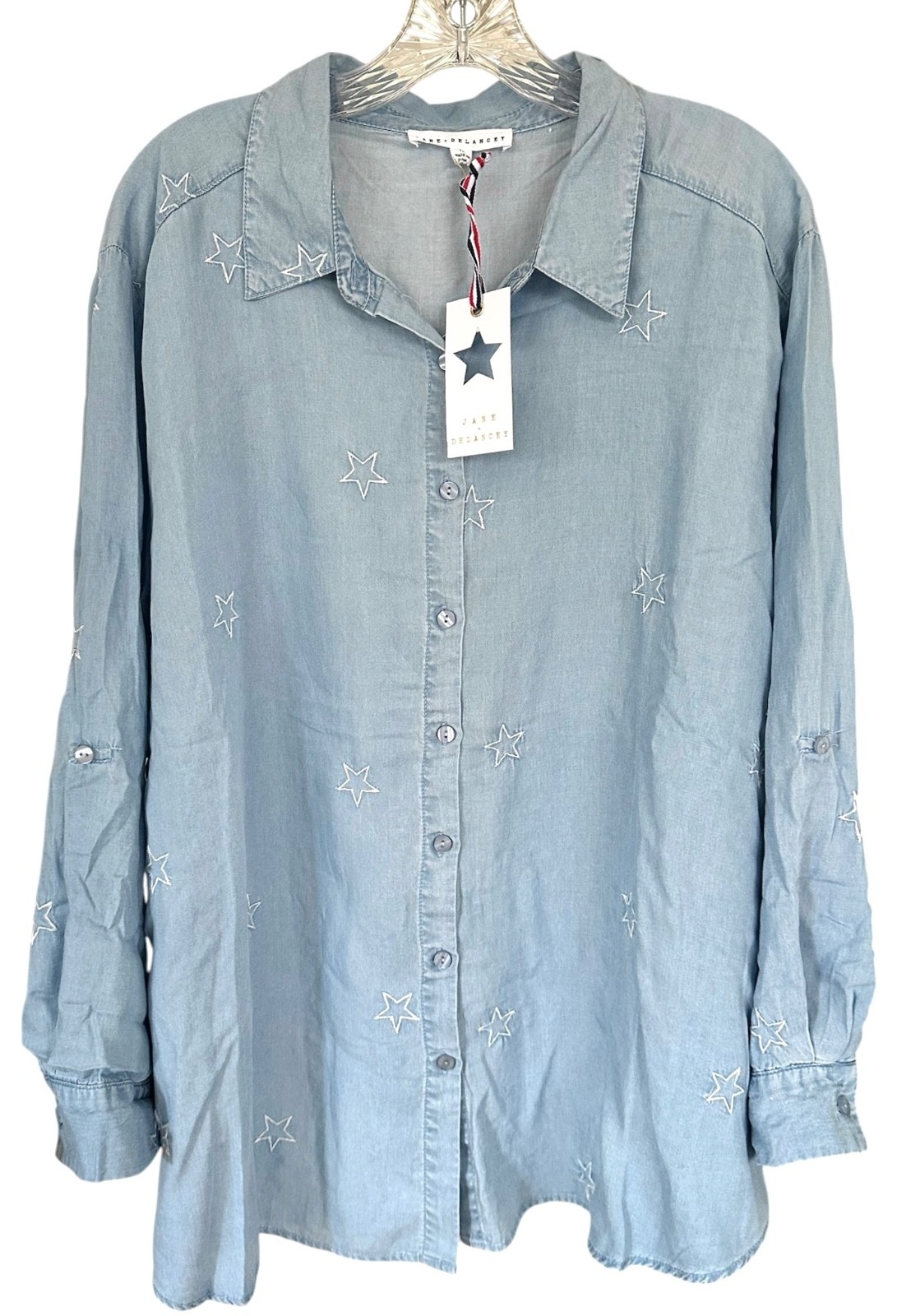 Jane & Delancey Women’s Stars Embroidered Button Down Shirt Plus Size 1X Blue